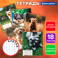 Тетрадь 18 л. BRAUBERG, клетка, обложка картон, СОБАЧКИ, 107295