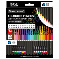 Карандаши цветные чёрное дерево BRAUBERG BLACK WOOD, 24 цвета, трехгранный корпус, грифель мягкий 3 мм, 181949