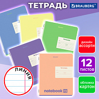 Тетрадь 12 л. BRAUBERG, линия, обложка картон, МОНОХРОМ, 107283