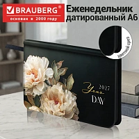 Еженедельник датированный 2027 МАЛЫЙ ФОРМАТ 95х155 мм, А6, BRAUBERG "Vista", под кожу, "Flowers", 118187