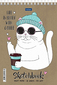 Блокнот SKETCHBook А5 32 листа КРАФТ Hatber Coffeecat твёрдая подложка без линовки на гребне 170 г/м2