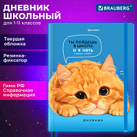 Дневник 1-11 класс 48л, твердый, BRAUBERG, матовая ламинация, резинка, закладка-ляссе, с подсказом, Котик, 107239