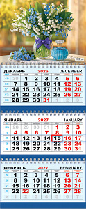 Календарь квартальный ТРИО на 2027 год ЦВЕТЫ крепление пружина 295×730 мм в пакете  КТ-27-262