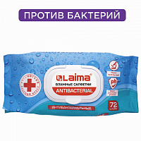 Салфетки влажные 72 шт., АНТИБАКТЕРИАЛЬНЫЕ с пластиковым клапаном, LAIMA "Antibacterial", 129997
