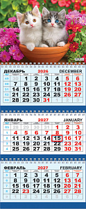 Календарь квартальный ТРИО на 2027 год ЖИВОТНЫЕ крепление пружина 295×730 мм в пакете  КТ-27-102